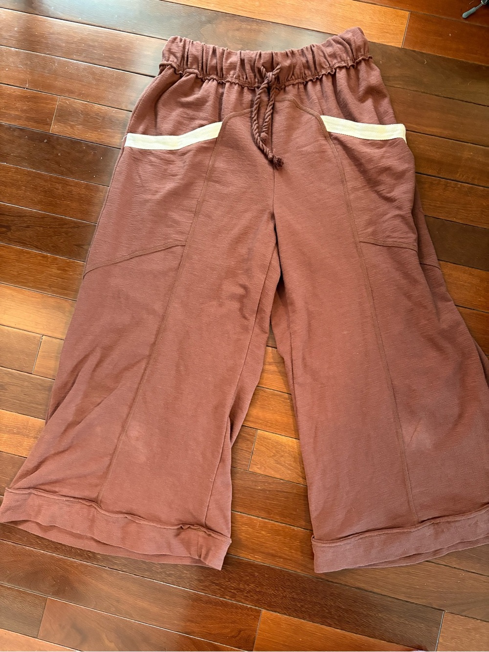 FP Beach- Wide Leg Drawstring Pants in Brown with Cream Trim- Medium
